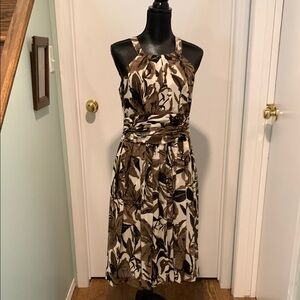 Evan Picone Dress Taupe and White Pleated Midi Dress